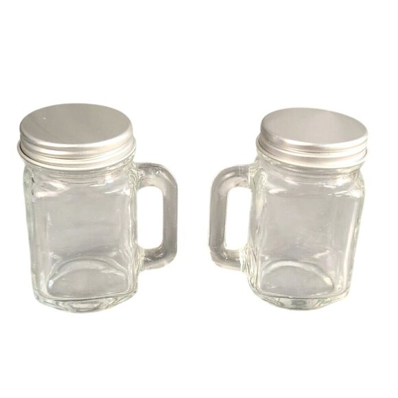 Set Of 2 Clear Glass Mini Mason Jar Mugs With Silver Screw Lids - Picture 1 of 7
